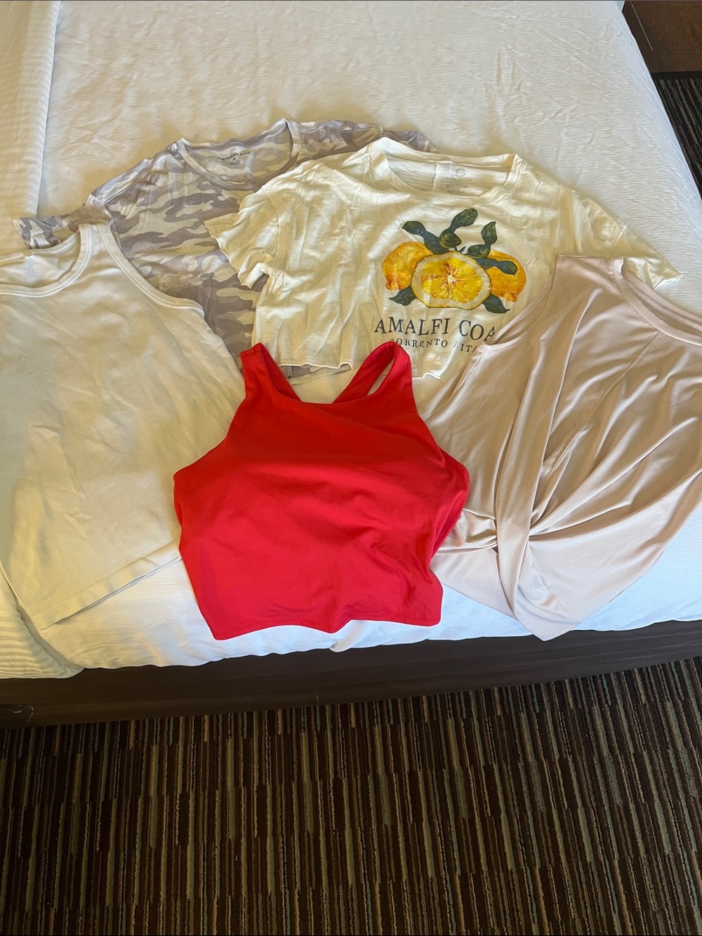 Bundle Workout Tops - 2 pattern crops, cream tank, red sports bra, white ribbed